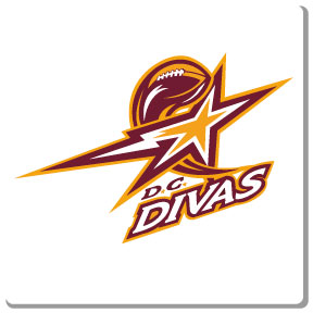 2 color design DC divas logo on white t-shirt, marron and yeloow ink