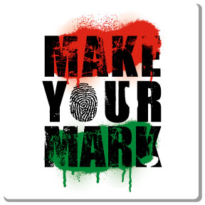 make your mark t-shirt design on 3 colors, white t-shirt. red black and green ink