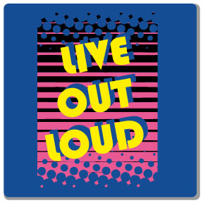 live out loud design printed on 3 colors, yellow pink and black on royal blue t-shirt